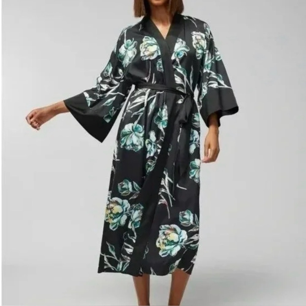 SOMA Satin Kimono Robe Impressions Floral Black Midi Wide Flowy Sleeves Sz S/M